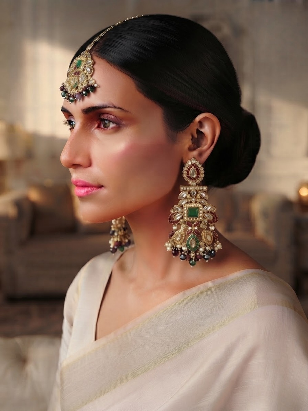 Handcrafted Gold-Tone Green Kundan Drop Earrings